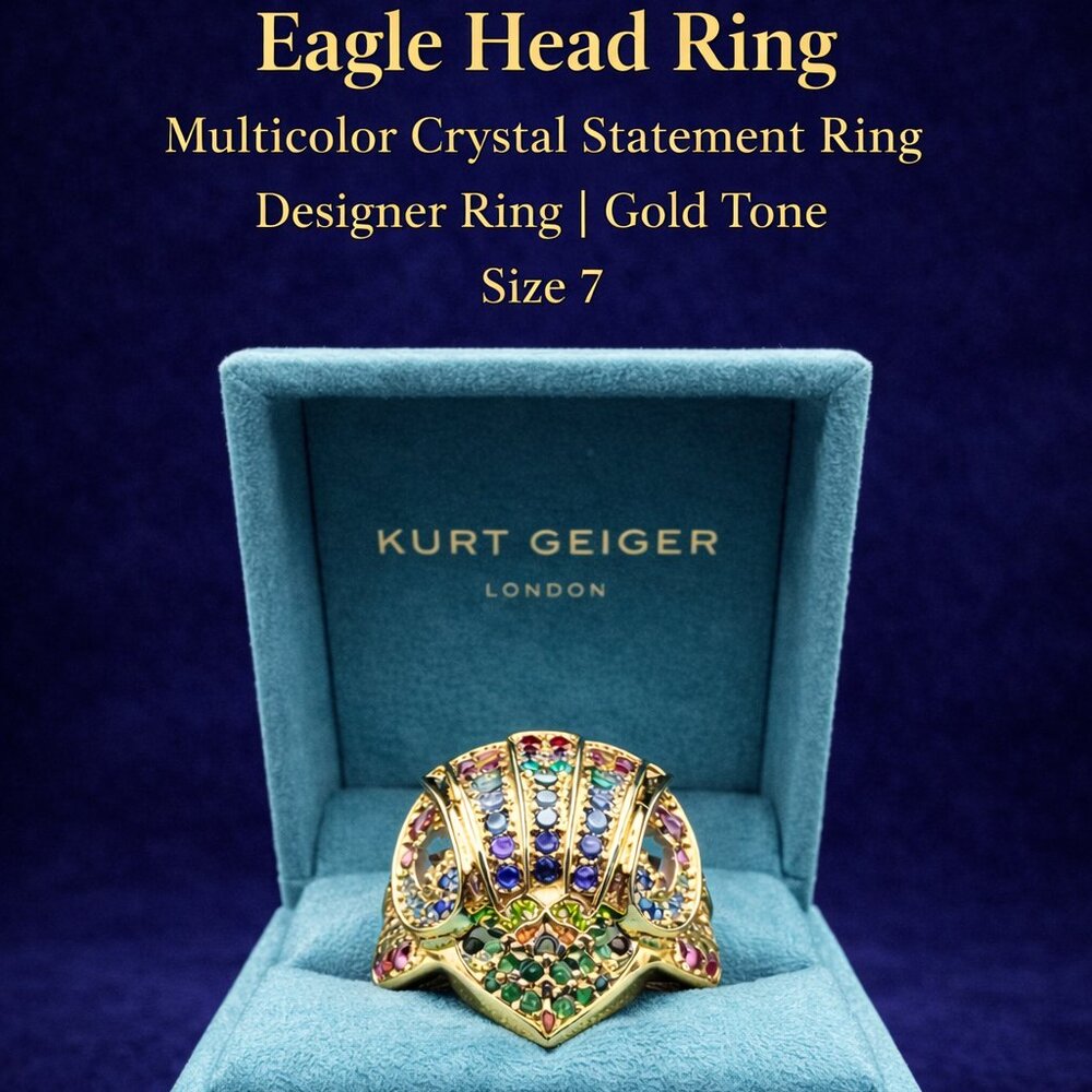 Kurt Geiger London Eagle Head Ring – Multicolor Crystal Statement Ring – Size 7